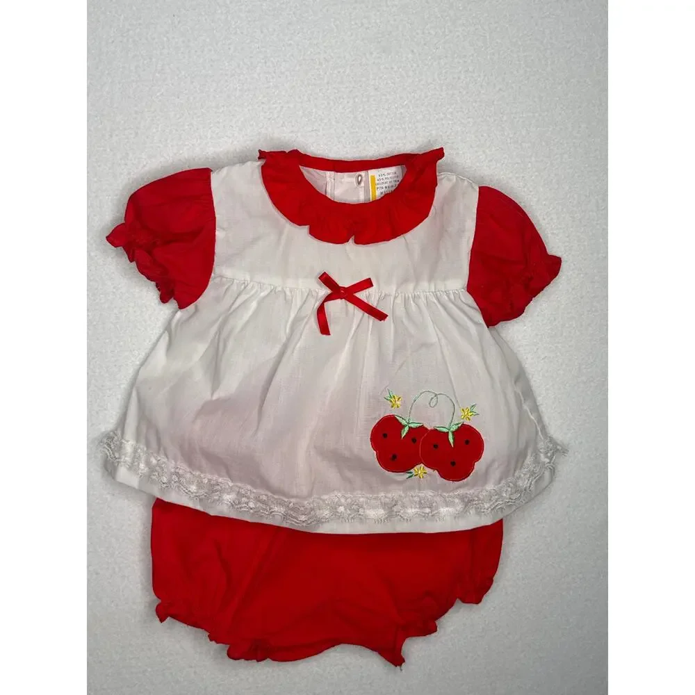 Vintage 1990s Cherry Embroidered Baby Outfit Bloomer Set 6–9M